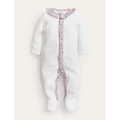 Boden Ruffle Velour Sleepsuit - Ivory