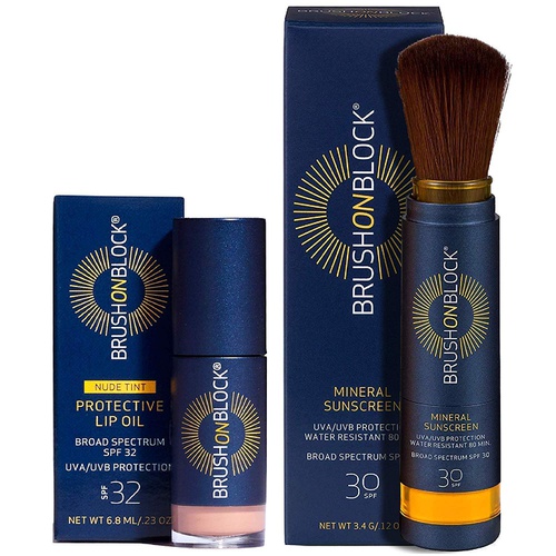  Brush On Block Full Face Sun Protection Kit, Translucent Mineral Powdered Sunscreen & Protective Lip Oil SPF 32, Reef Friendly