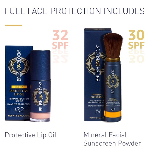  Brush On Block Full Face Sun Protection Kit, Translucent Mineral Powdered Sunscreen & Protective Lip Oil SPF 32, Reef Friendly