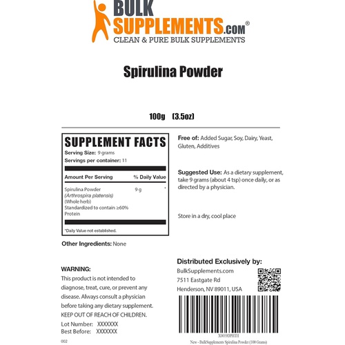  BulkSupplements.com Spirulina Powder - for Immune & Heart Health, Superfood Supplement - Gluten Free, Soy Free, No Filler Powder - 9g per Serving, 11 Servings (100 Grams - 3.5 oz)