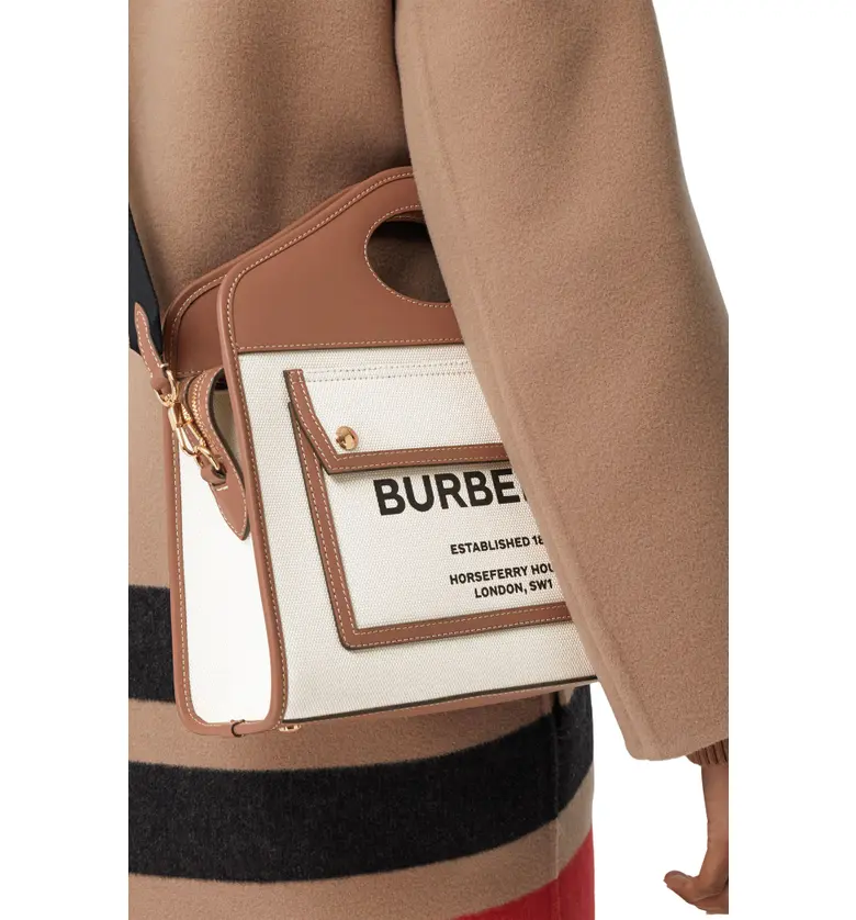 버버리 Burberry Small Two-Tone Canvas & Leather Pocket Bag_NATURAL/MALTBROWN