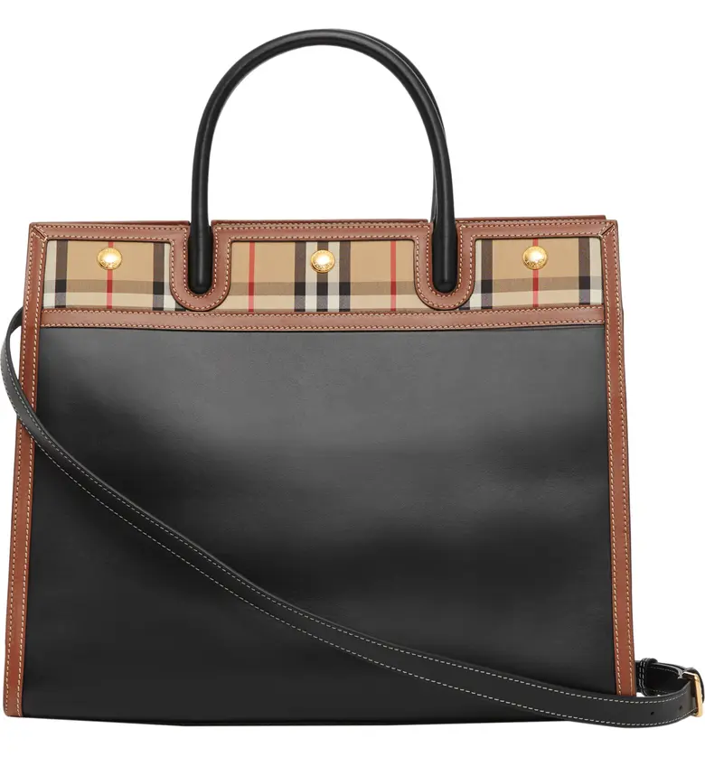 버버리 Burberry Small Title Leather & Vintage Check Two-Handle Bag_Black