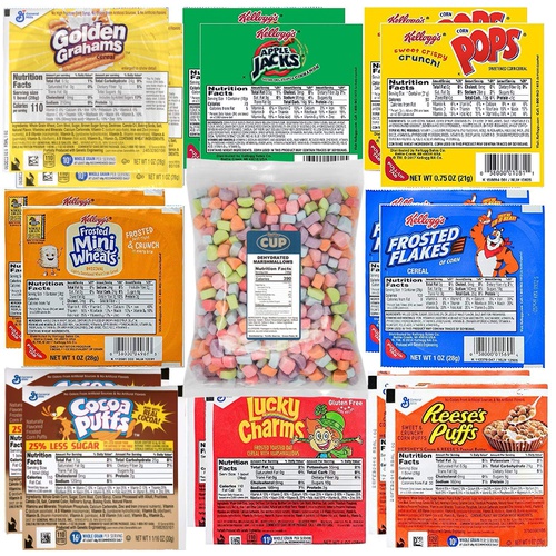  By The Cup Kelloggs & General Mills Cereal Bowl Variety - Apple Jacks, Mini Wheats, Corn Pops, Special K, Frosted Flakes, Coco Puffs, Lucky Charms, Reeses Puffs + 1 Bag of Cereal Marshmallows