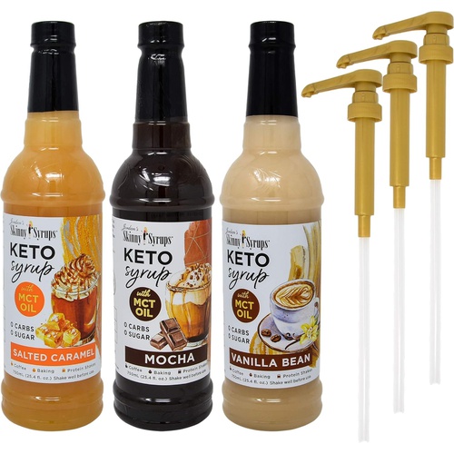  Jordans Skinny Syrups Keto Vanilla Bean, Salted Caramel, and Mocha with MCT Oil 750 ml Bottles (Pack of 3) and 3 By The Cup Syrup Pumps