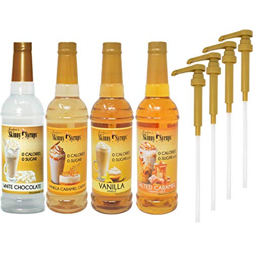  Jordans Skinny Syrups Sugar Free 4 Flavor Variety 1 of each 750 ml Bottle with By The Cup Coffee Syrup Pumps