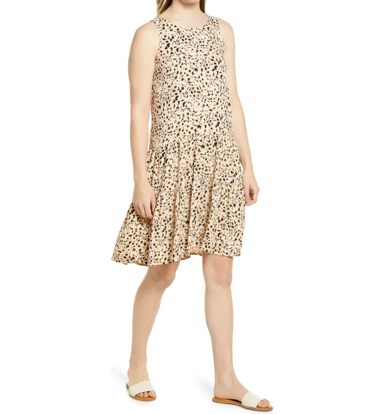 Caslon Tiered Sleeveless A-Line Dress_BEIGE ALMOND MARBLE BLOTS