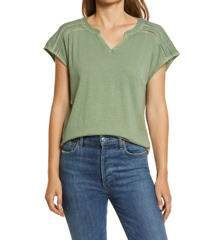 Caslon Ladder Stitch Split Neck Top_GREEN DUNE