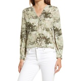 Caslon V-Neck Long Sleeve Crinkle Crepe Shirt_TAN - GREEN INDIGO FLORAL