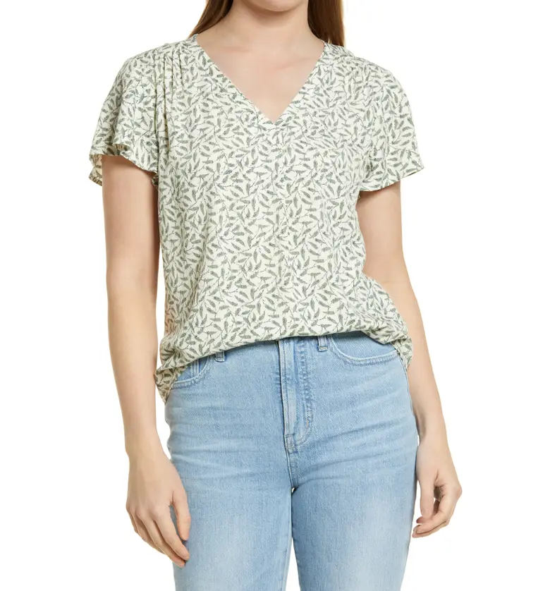 Caslon Dobby Flutter Sleeve Top_IVORY- GREEN LEAF DITSY