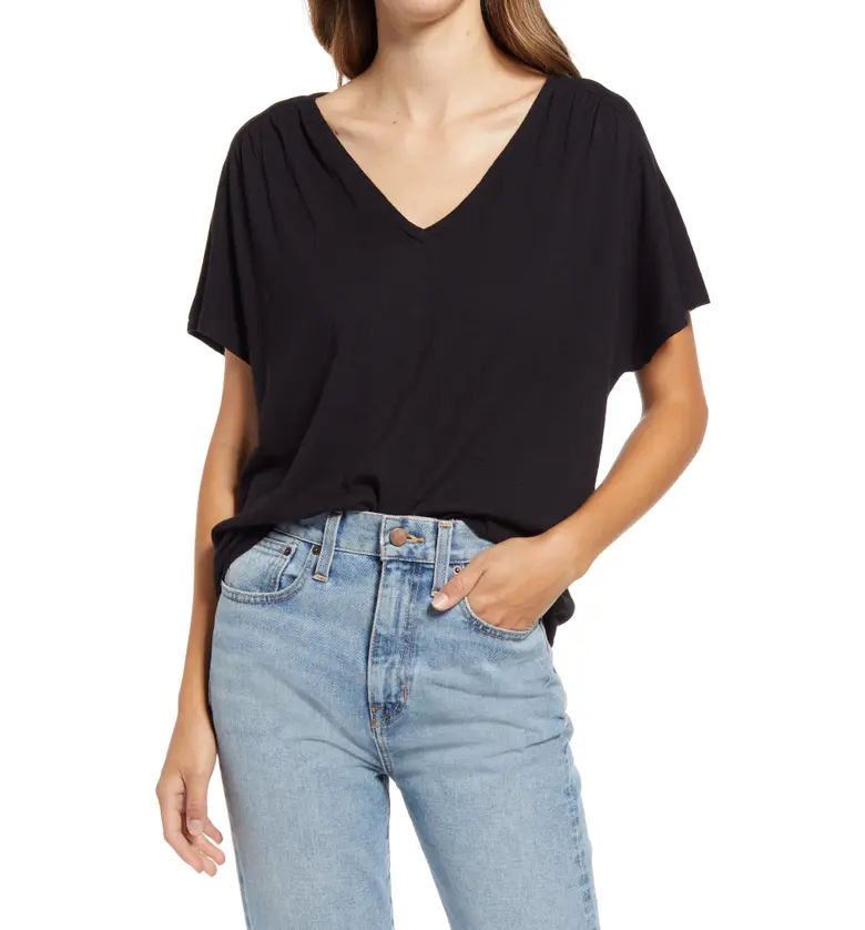 Caslon Gathered V-Neck T-Shirt_BLACK