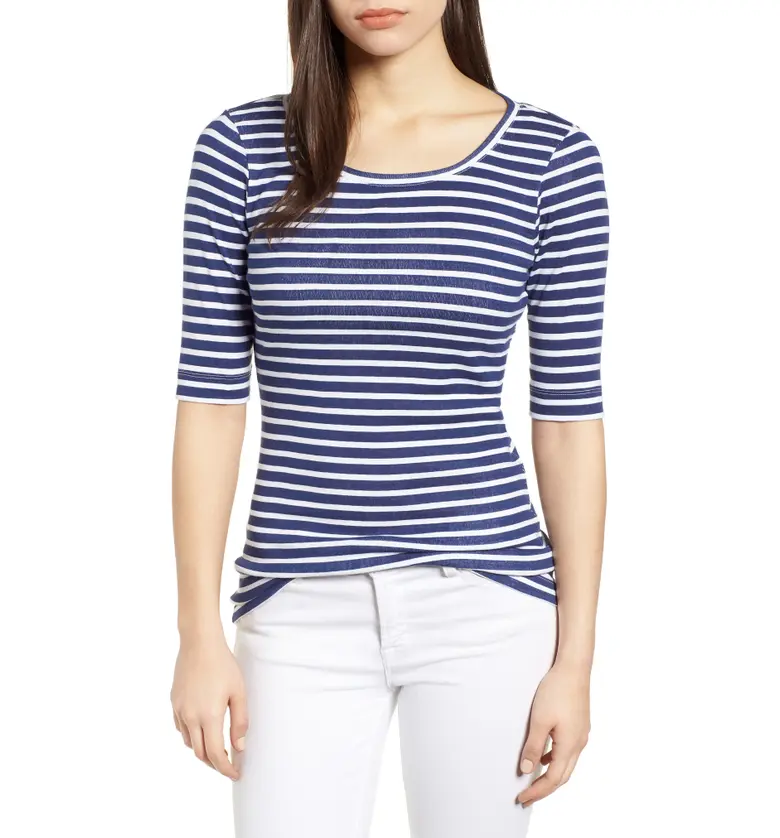 Caslon Ballet Neck Cotton & Modal Knit Elbow Sleeve Tee_NAVY- WHITE ELMER STRIPE