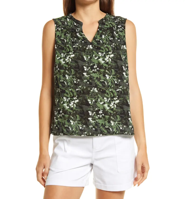 Caslon Gathered A-Line Tank_GREEN- BLACK CAMO FLORAL