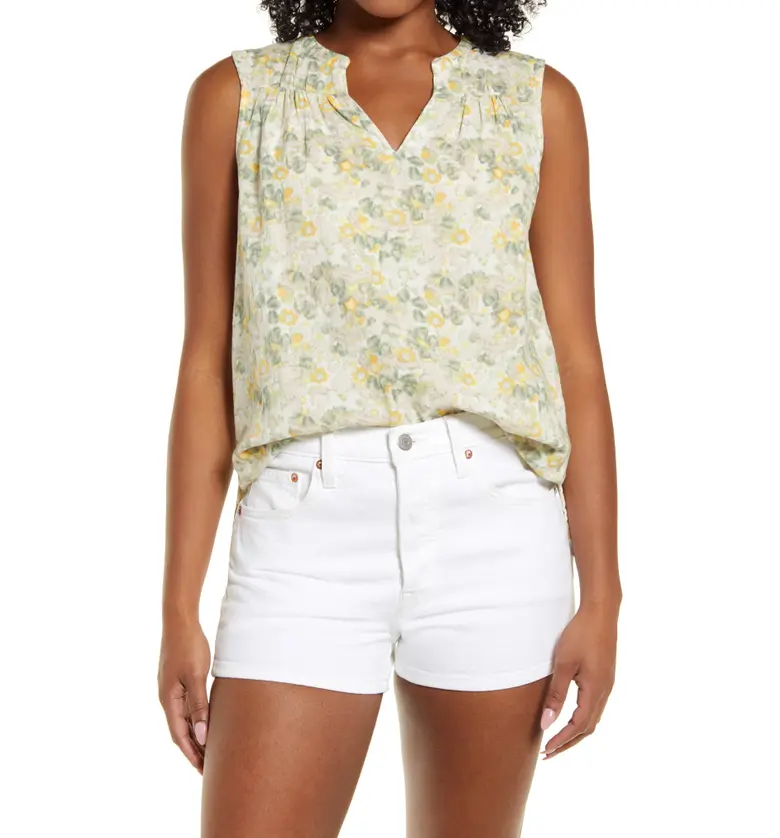 Caslon Gathered A-Line Tank_YELLOW- IVORY FLORAL CAMO