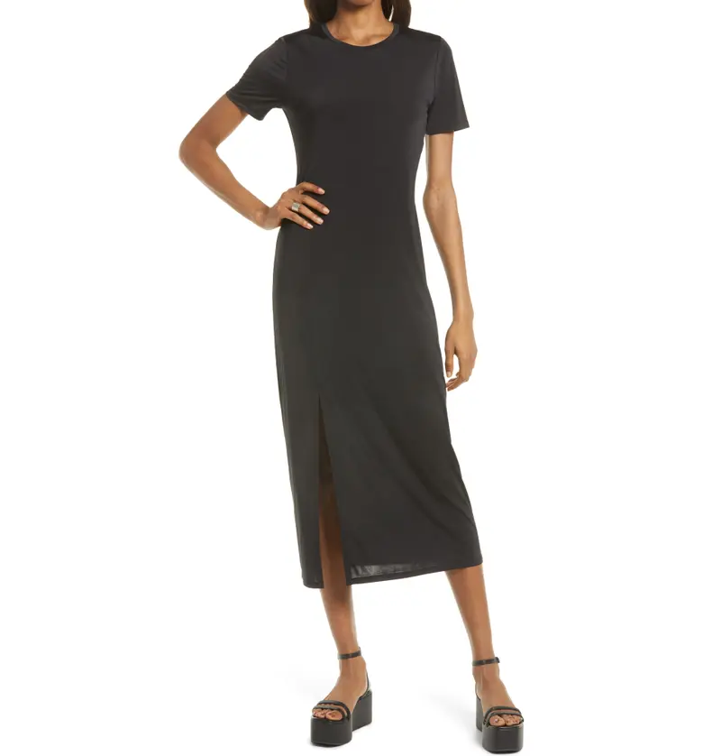 Charles Henry Front Slit Midi T-Shirt Dress_BLACK