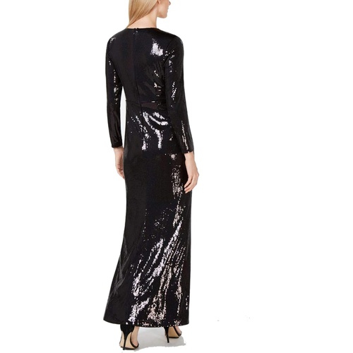  Calvin Klein Womens Long Sleeve Sequin Gown with Cross Front V Neckline