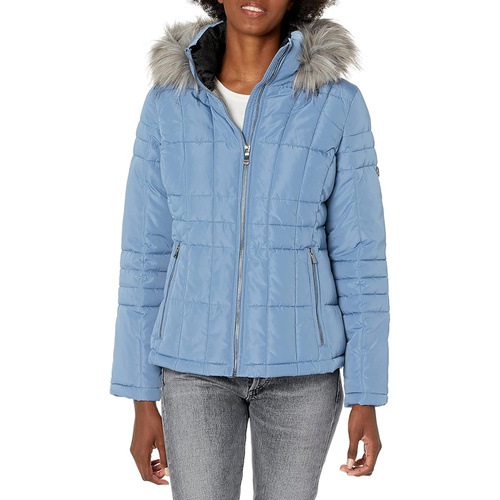  Calvin Klein Womens Quilted Down Jacket with Removable Faux Fur Trimmed Hood