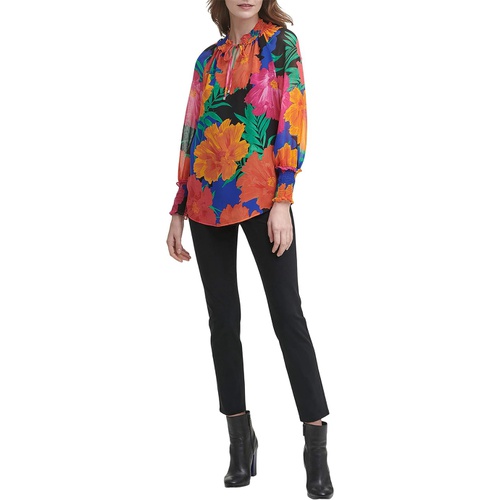  Calvin Klein Printed Long Sleeve Blouse wu002F Ruffles and Tie