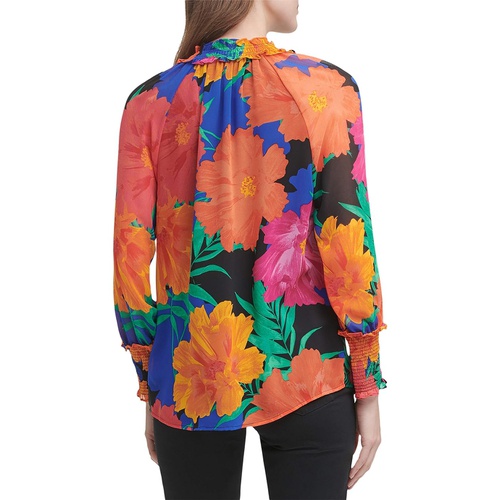  Calvin Klein Printed Long Sleeve Blouse wu002F Ruffles and Tie