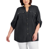 Plus Size Textured Roll Tab Button Down Shirt