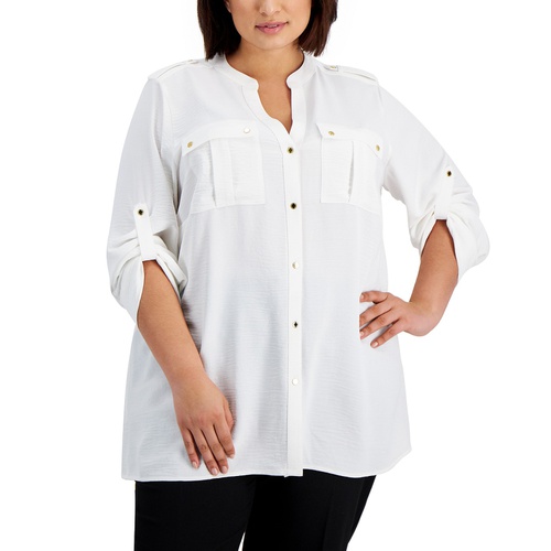  Plus Size Textured Roll Tab Button Down Shirt