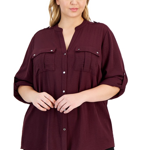  Plus Size Textured Roll Tab Button Down Shirt