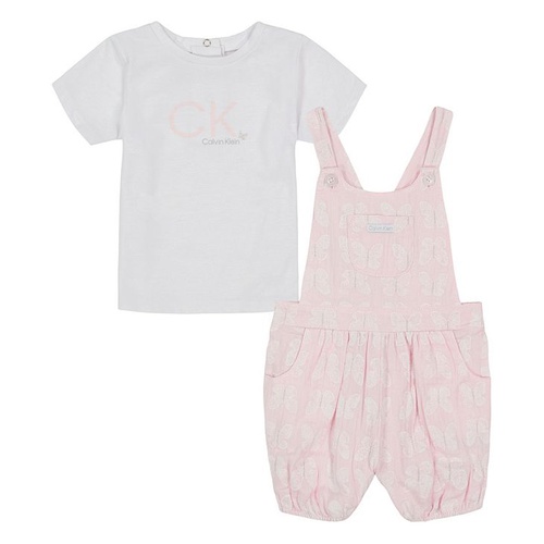  Baby Girls Jersey Logo T-shirt and Butterfly Print Muslin Shortalls Set