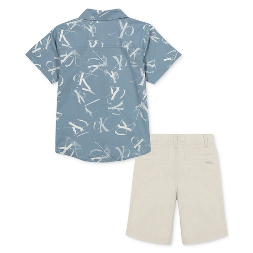  Little Boy Plaid Poplin Button-Front Shirt Twill Shorts Set