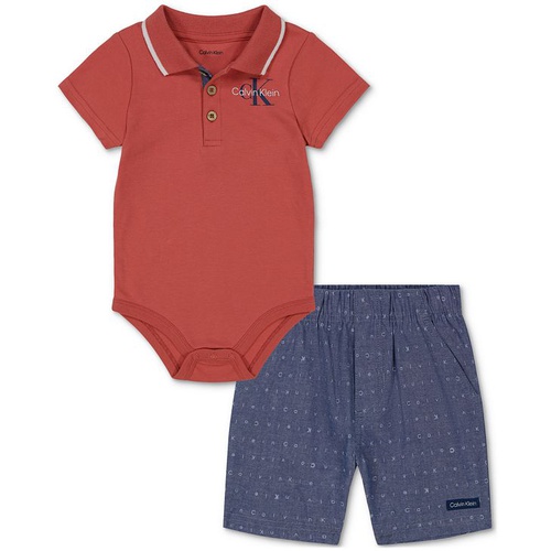  Baby Boys Tipped Polo Bodysuit & Printed Chambray Shorts 2 Piece Set