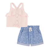 Little Girls Muslin Tie-Front Halter Top and Chambray Cargo Shorts 2 Piece Set