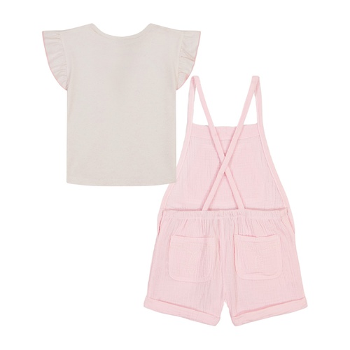  Little Girls Flutter Sleeve Pattern T-shirt and Muslin Shortalls 2 Piece Set