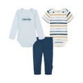 Baby Boy Long Sleeve Logo Bodysuit Short Sleeve Multistripe Bodysuit and Solid Joggers 3 piece set