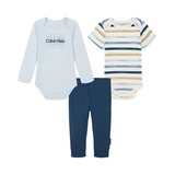 Baby Boy Long Sleeve Logo Bodysuit Short Sleeve Multistripe Bodysuit and Solid Joggers 3 piece set