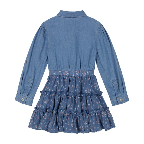  Toddler Girl Denim-and-Floral Georgette Tiered Shirtdress