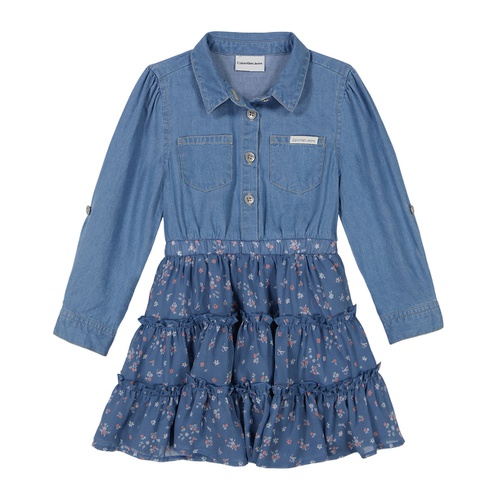  Toddler Girl Denim-and-Floral Georgette Tiered Shirtdress