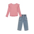 Toddler Girl Long Sleeve Flutter-Trim Ribbed Top and Denim Paper-bag Waist Pants