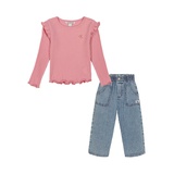 Toddler Girl Long Sleeve Flutter-Trim Ribbed Top and Denim Paper-bag Waist Pants