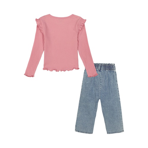  Toddler Girl Long Sleeve Flutter-Trim Ribbed Top and Denim Paper-bag Waist Pants