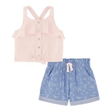 Toddler Girls Muslin Tie-Front Halter Top and Chambray Cargo Shorts 2 Piece Set