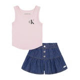 Toddler Girls Scoop Neck Logo Tank and Peplum Denim Skort 2 Piece Set