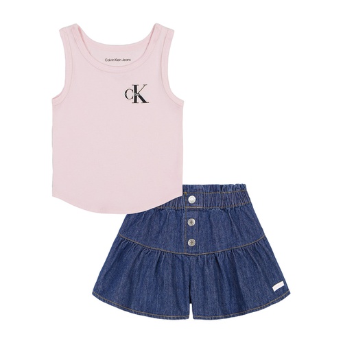  Toddler Girls Scoop Neck Logo Tank and Peplum Denim Skort 2 Piece Set