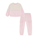 Toddler and Little Girls Fleece Color Block Crew Neck Cargo Joggers 2 Piece Set