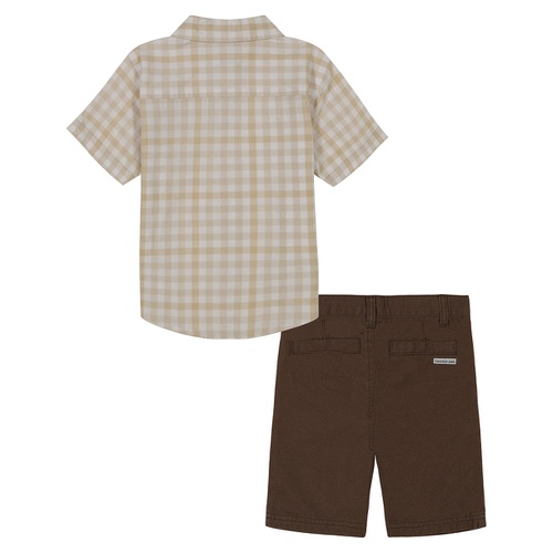  Toddler and Little Boys Plaid Short Sleeve Button Up Shirt and Twill Shorts 2 Piece Set