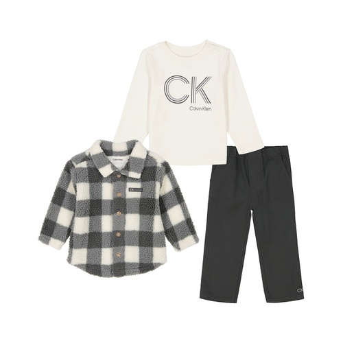  Baby Boy Long Sleeve Logo Bodysuit Twill Pants Check Berber Shirt Jacket 3 Piece Set