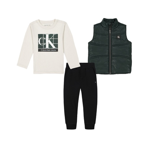  Toddler Boys Long Sleeve Logo Tee Fleece Joggers Quilted Puffer Vest 3 Piece Set