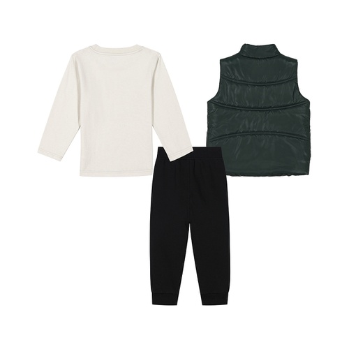  Toddler Boys Long Sleeve Logo Tee Fleece Joggers Quilted Puffer Vest 3 Piece Set