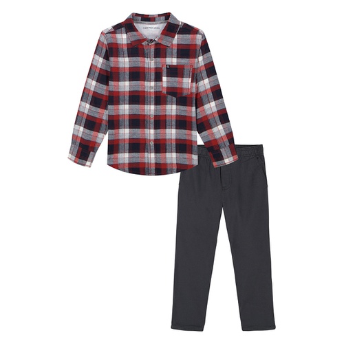  Toddler Boy Long Short Sleeve Plaid Button Front Shirt Prewashed Twill Pants 2 Piece Set