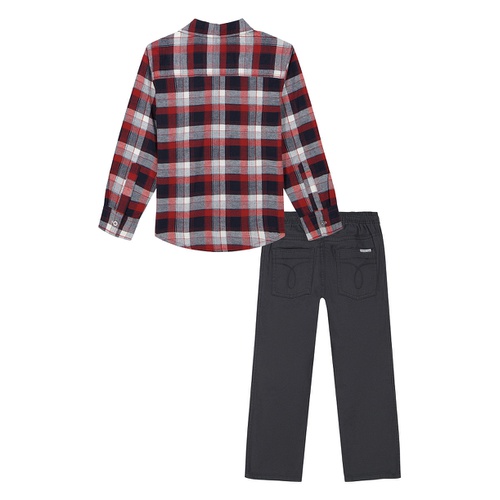  Toddler Boy Long Short Sleeve Plaid Button Front Shirt Prewashed Twill Pants 2 Piece Set