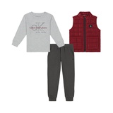 Toddler and Little Boys Long Sleeve Logo Tee Fleece Joggers Quilted Microfiber Vest 3 Piece Set