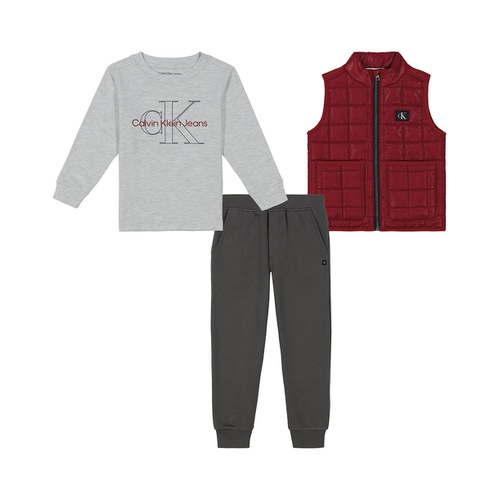  Toddler and Little Boys Long Sleeve Logo Tee Fleece Joggers Quilted Microfiber Vest 3 Piece Set