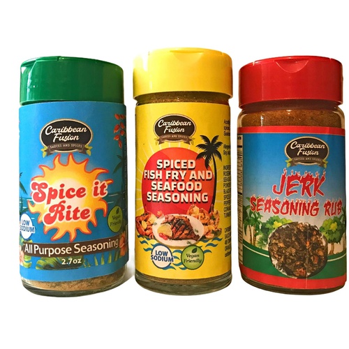  Caribbean Fusion Sauces and Spices Caribbean Fusion - Gourmet Spices and Seasonings Set -3 pack bundle - Jamaican Jerk Seasoning,Spiced Fish Fry and All Purpose Perfect as a Rub for Ribs, Chicken, Fish, Pork, BBQ, S